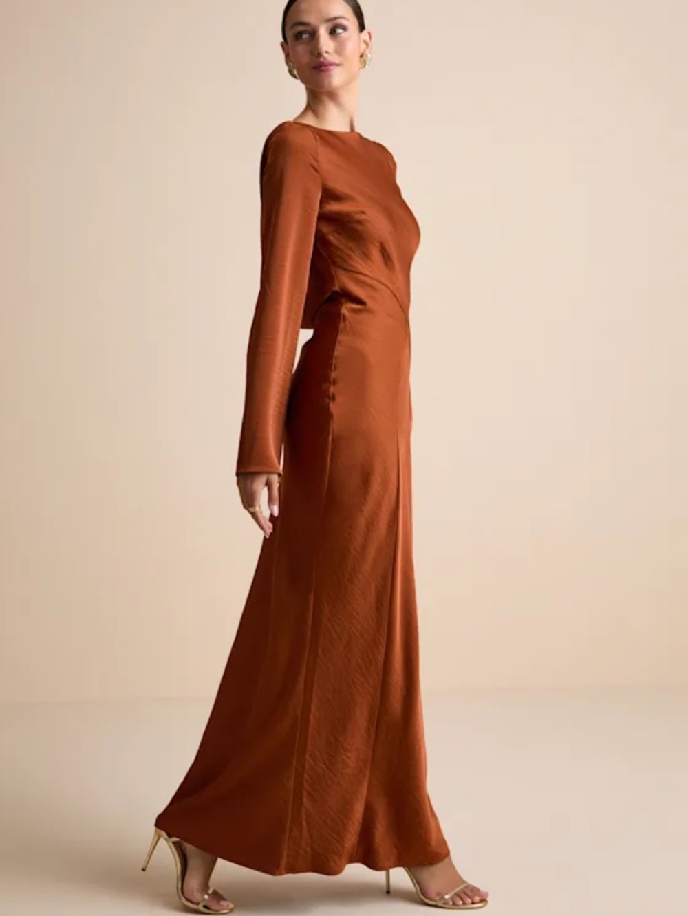 New Lulus Kae Cowl Back Rust Long-Sleeve Satin Maxi Dress Sz Large